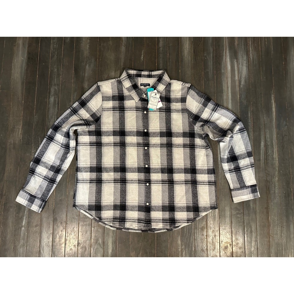Flag & Anthem Women's Grey Black Plaid Flannel Button Down Shirt New